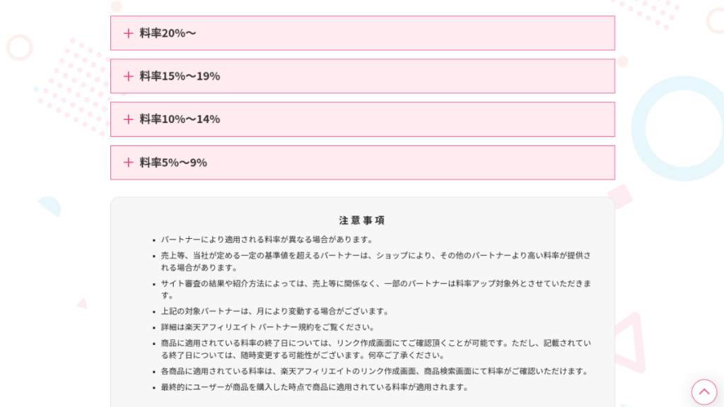 この画像は、楽天アフィリエイトの「料率アップショップ」ページのスクショです。このページでは、楽天市場に出店しているショップのうち、現在高料率を設定しているショップを、料率の高い順に一覧で表示しています。

画像の詳細

画像の上部には、以下の項目が表示されています。

+料率20%~：料率が20%以上設定されているショップの表示枠
+ 料率15%~19%：料率が15%から19%設定されているショップの表示枠
+料率10%~14%：料率が10%から14%設定されているショップの表示枠
+料率5%~9%：料率が5%から9%設定されているショップの表示枠
各ショップの表示枠には、以下の情報が表示されています。

ショップ名：ショップの名前
ジャンル：ショップが取り扱っている商品のジャンル
料率：ショップが設定している料率
ショップURL：ショップの楽天市場店のURL

注意事項

パートナーによって適用される料率が異なる場合があります。
売上等、楽天アフィリエイト事務局が定める一定の基準値を超えるパートナーは、ショップにより、その他のパートナーより高い料率が提供される場合があります。
サイト審査の結果や紹介方法によっては、売上等に関係なく、一部のパートナーは料率アップ対象外とさせていただく場合があります。
商品に適用されている料率の終了日については、リンク作成画面にてご確認頂くことが可能です。ただし、記載されている終了日については、随時変更する可能性がございます。何卒ご了承ください。
各商品に適用されている料率は、楽天アフィリエイトのリンク作成画面、商品検索画面にて料率がご確認いただけます。
最終的にユーザーが商品を購入した時点で商品に適用されている料率が適用されます。


視覚障害の方への説明

この画像は、楽天市場に出店しているショップのうち、現在高料率を設定しているショップを、料率の高い順に一覧で表示しています。

ショップ名、ジャンル、料率、ショップURLといった情報が、テキスト形式で表示されています。
各ショップの表示枠は、料率によって色分けされています。
画面全体にスクロールバーが表示されており、すべてのショップを確認することができます。
この画像を活用する方法

この画像は、楽天アフィリエイトで高料率のショップを探している方にとって、役立つ情報源となります。

画像に表示されているショップの中から、自分が取り扱いたい商品を販売しているショップを見つけることができます。
ショップの料率を確認し、どのショップで商品を紹介するのが最も収益に繋がるのかを判断することができます。
ショップURLをクリックして、ショップの楽天市場店にアクセスすることができます。
